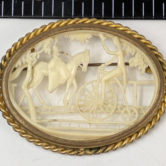 Vtg Depose France Carved Celluloid Brooch Horse & Bicycle Scene Gold Rope Frame - Picture 1 of 6